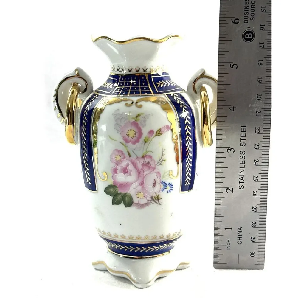 Angela 2003 Porcelain Vase Cobalt Blue Pink Floral Gold Gilt Double Handle 6”